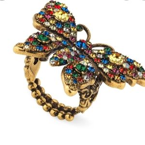 Authentic Gucci Gold Tone Metal Multicolor Crystal Studded butterfly Ring